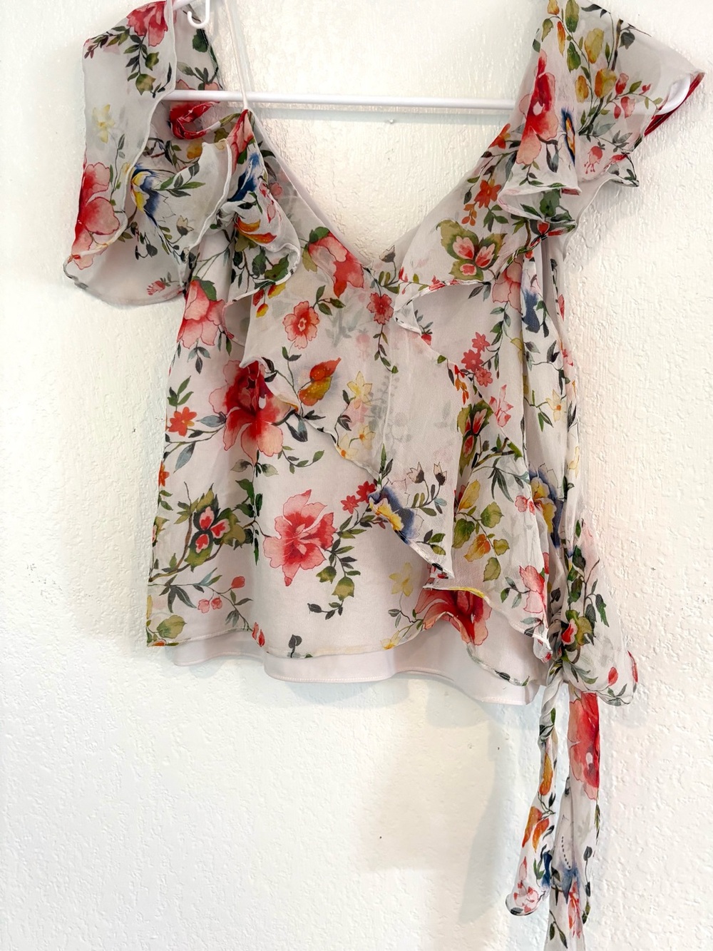 Alice + Olivia Sheer Floral Wrap Blouse in White with Red & Green Accents